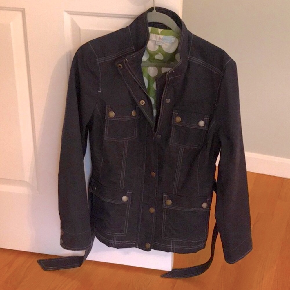 Boden Dark Navy Utility Trench Coat with Green Polka Dot Lining